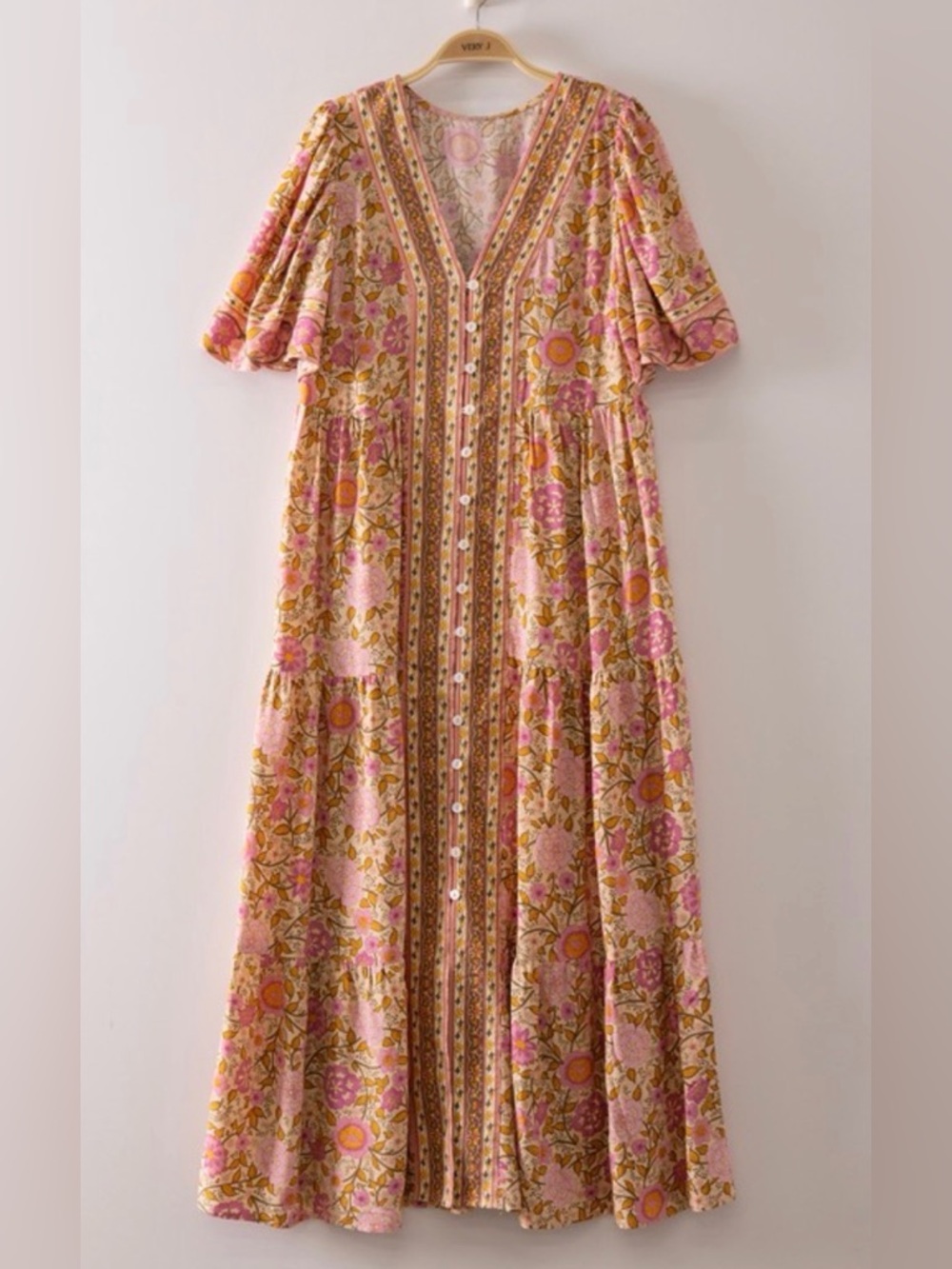 222. Very J Pink and Gold Floral Button-Front Maxi Dress
